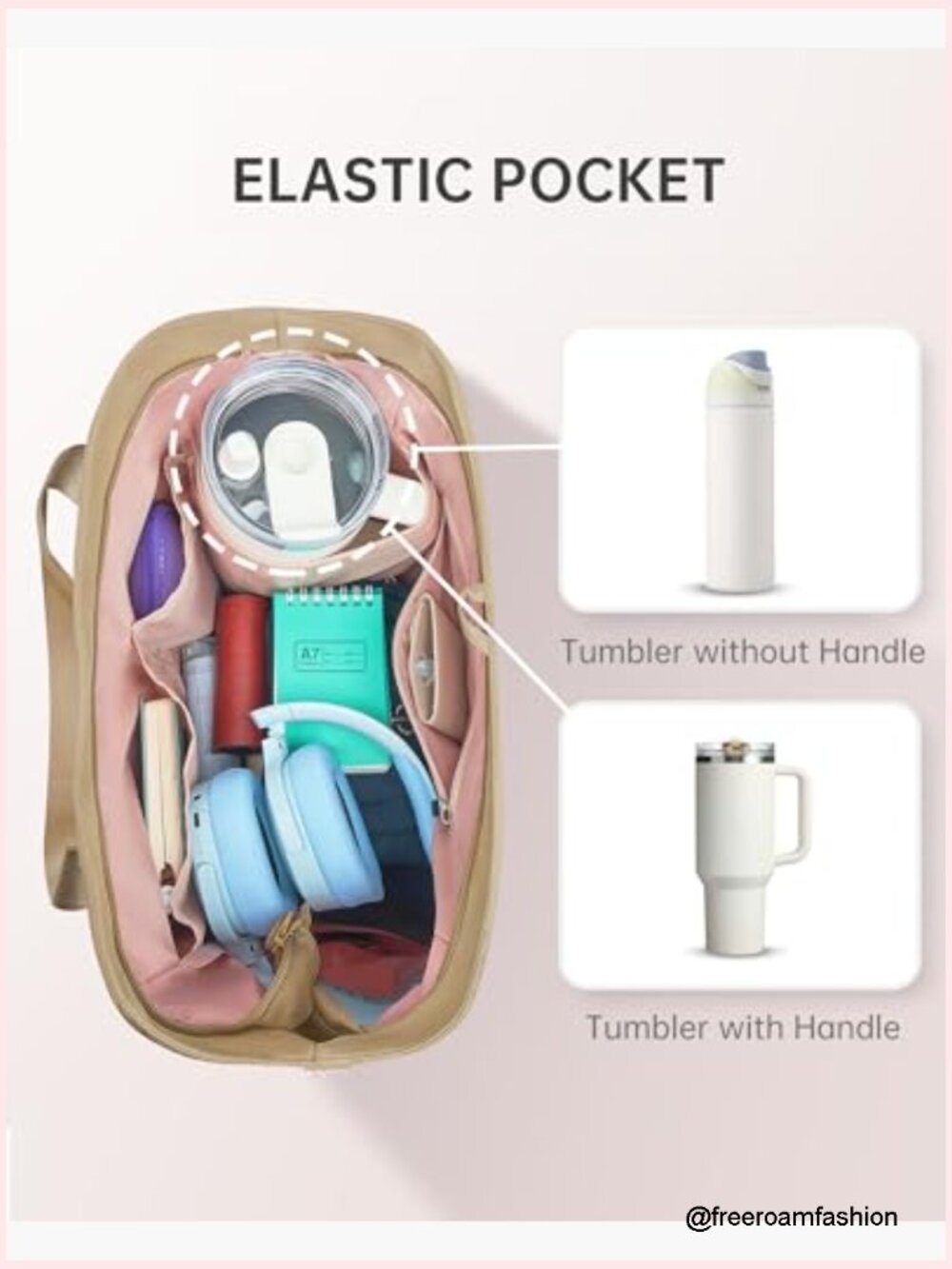 Large Foldable Tote Bag with Tumbler Holder for Work Travel School - Picture 4 of 7